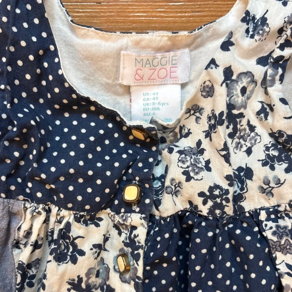 Maggie & Zoe Patchwork Dress‎ Kids Blue Excellent Floral Polka Dot SIZE 4T